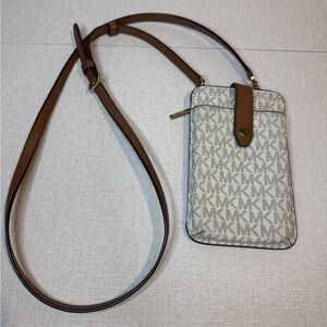 Michael Kors Ivory Monogram Crossbody Phone Bag with Brown Trim
